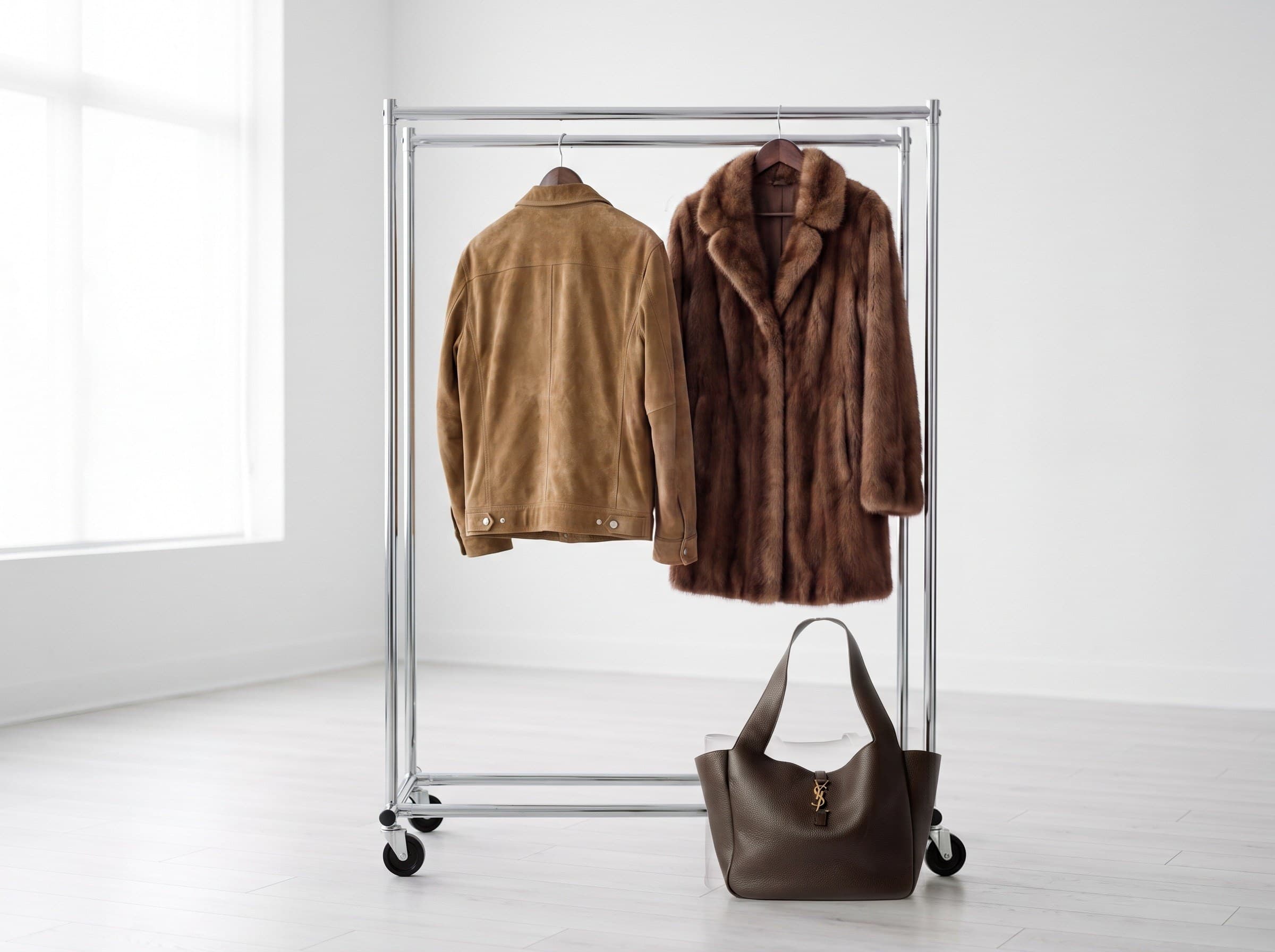 A conditioned leather coat hanging on a wooden hook inside the Sir Galloway workroom.