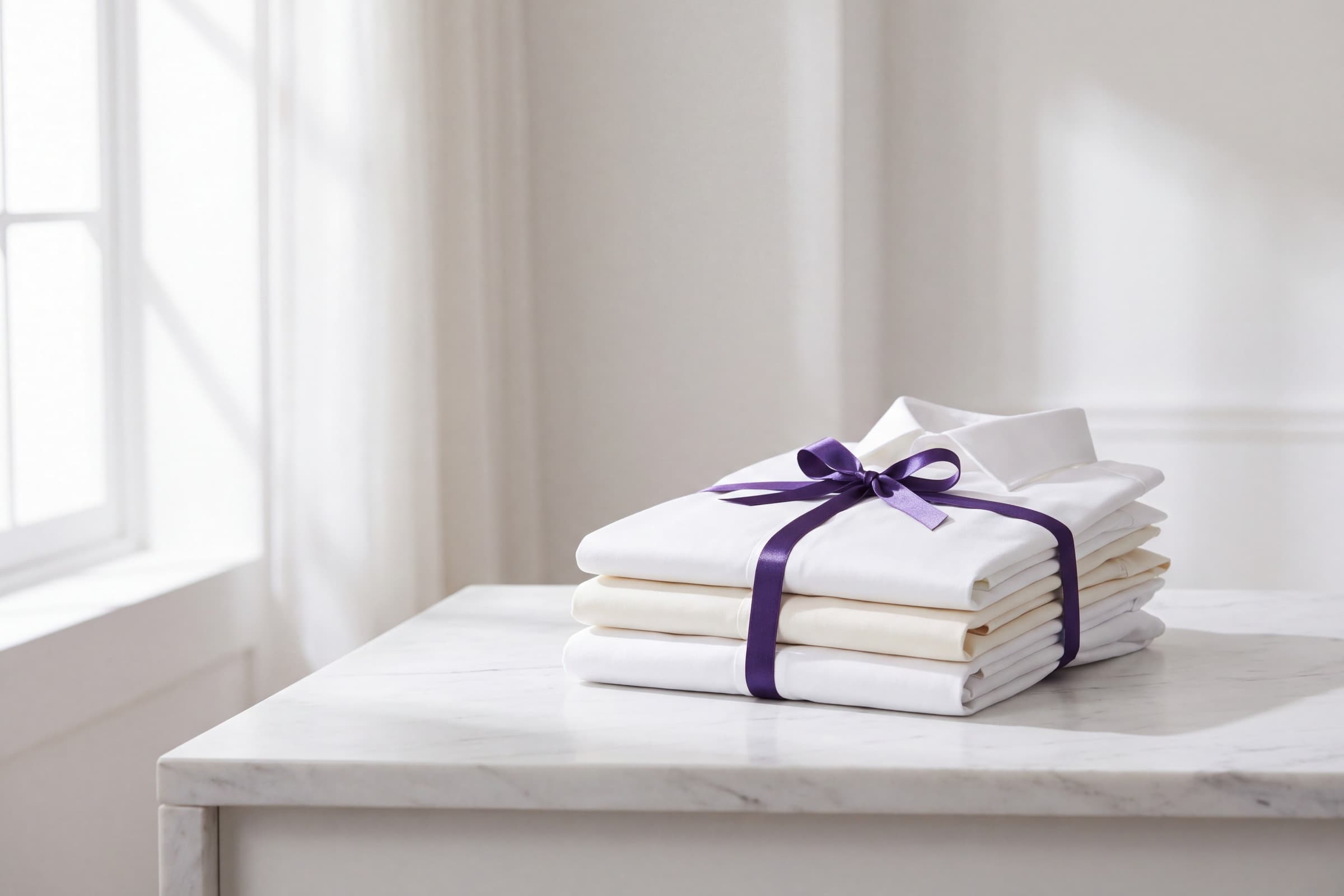 A stack of freshly pressed shirts on a marble surface, tied with a Galloway purple ribbon.