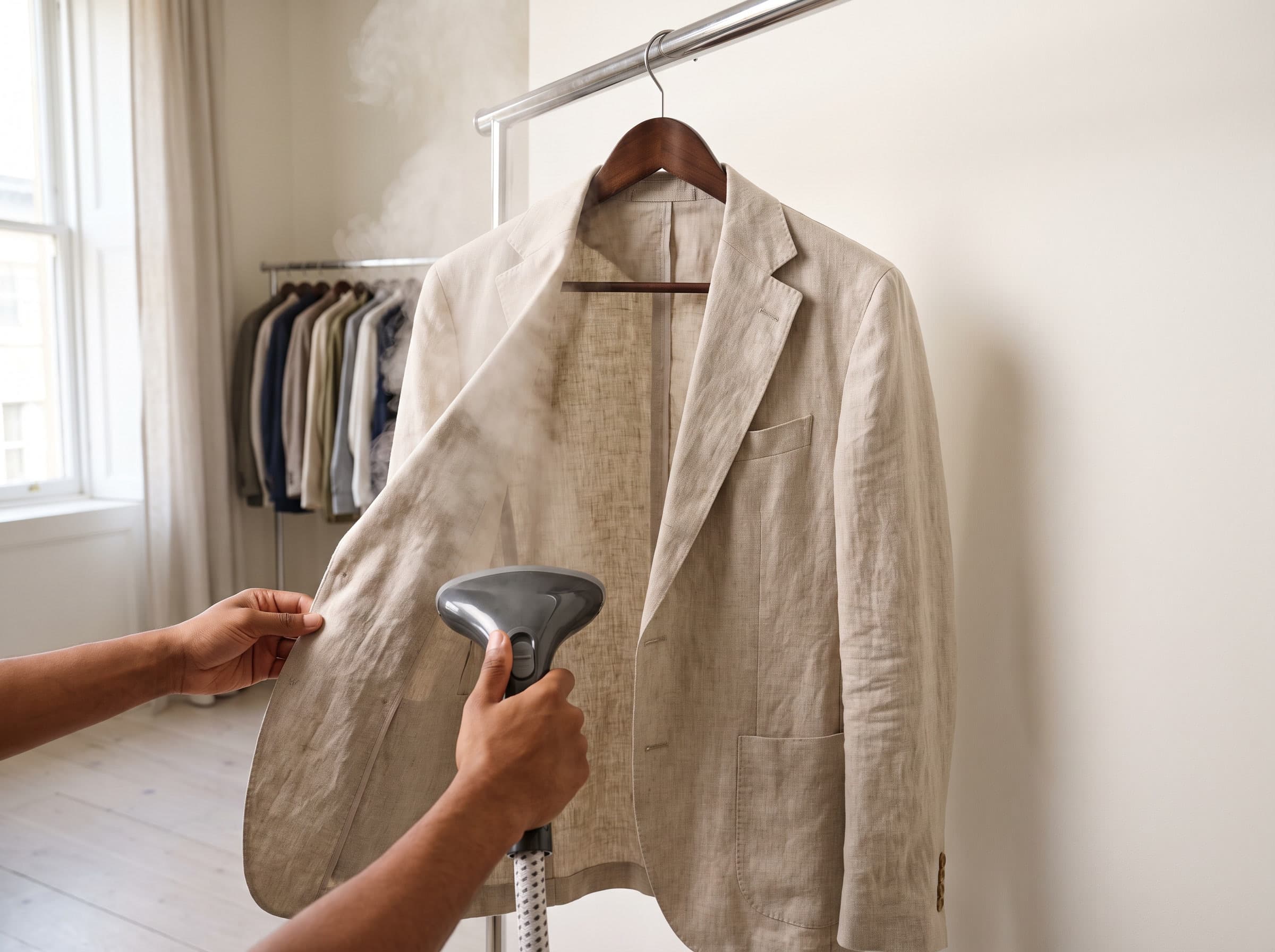 A beige linen jacket on a wooden hanger being finished with a hand steamer.