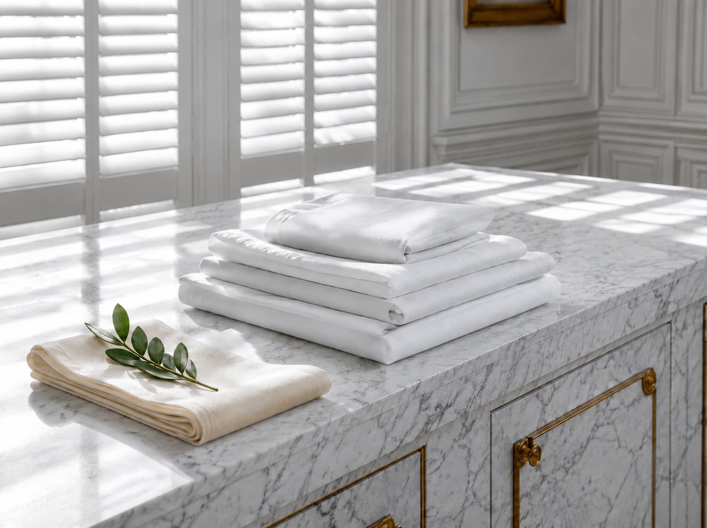 A small considered stack of folded white and cream linens on the Sir Galloway counter.
