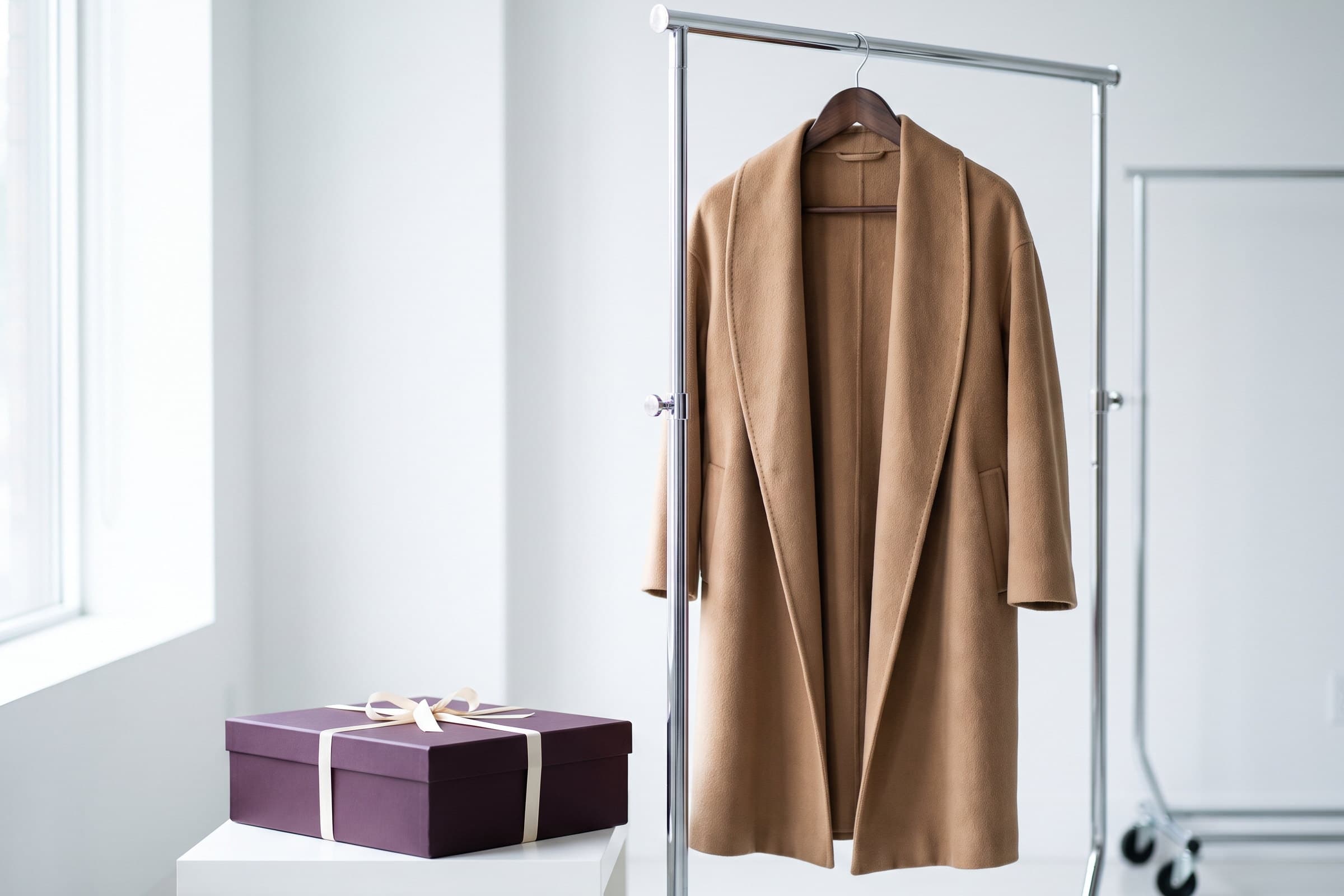 A camel wool coat on a wooden hanger on a chrome rail, with a plum box tied in cream ribbon on a table nearby.