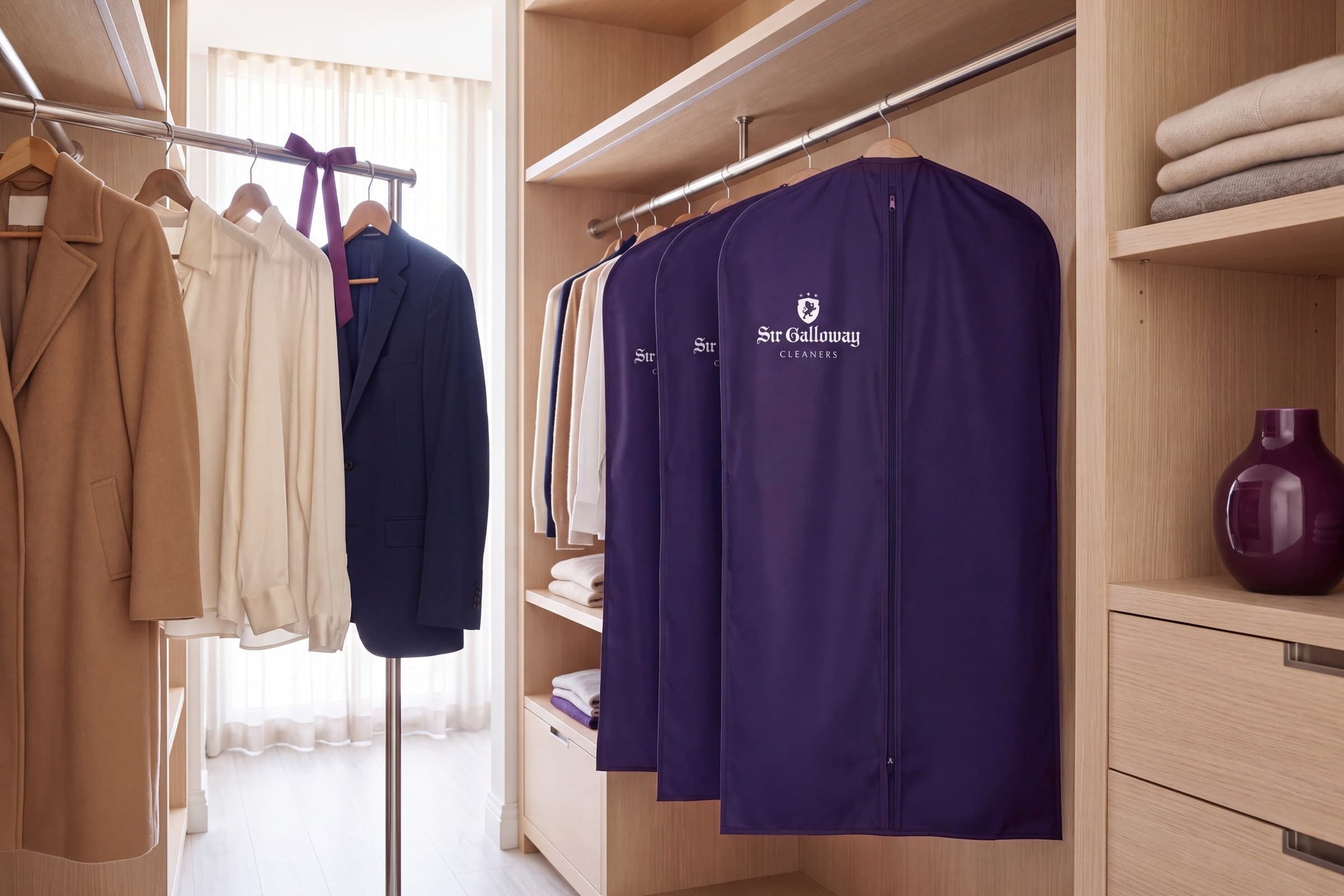 Plum Sir Galloway garment bags hanging in a client wardrobe beside a suit, a coat and folded knitwear.