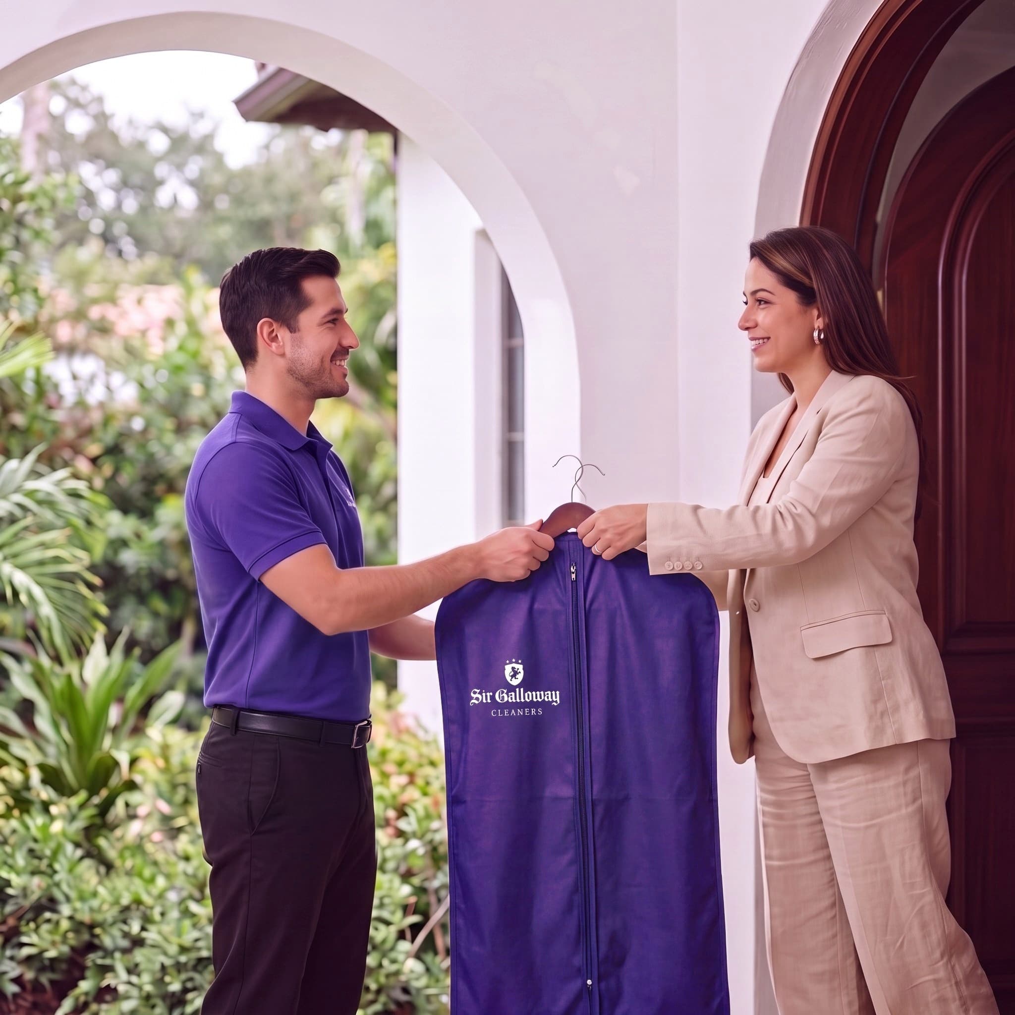 A Sir Galloway courier collecting an emerald green silk gown and other garments at a client's front door.