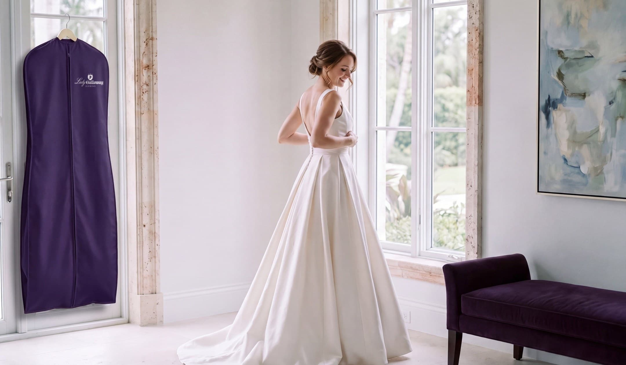 A bride in an ivory gown in a sunlit room, a plum Lady Galloway Gowns garment bag hanging beside her.
