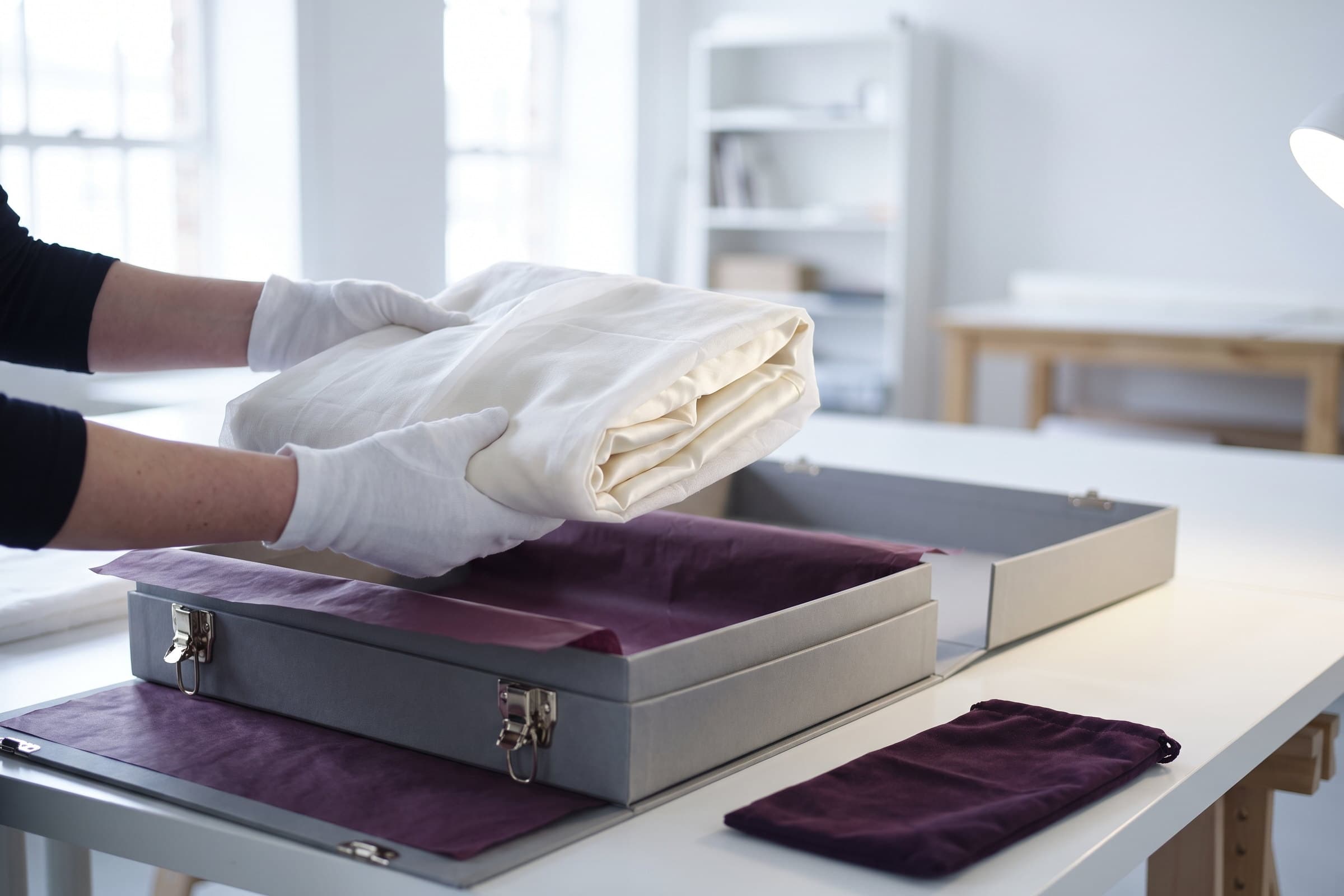 A wedding gown boxed in archival muslin at Lady Galloway Gowns.