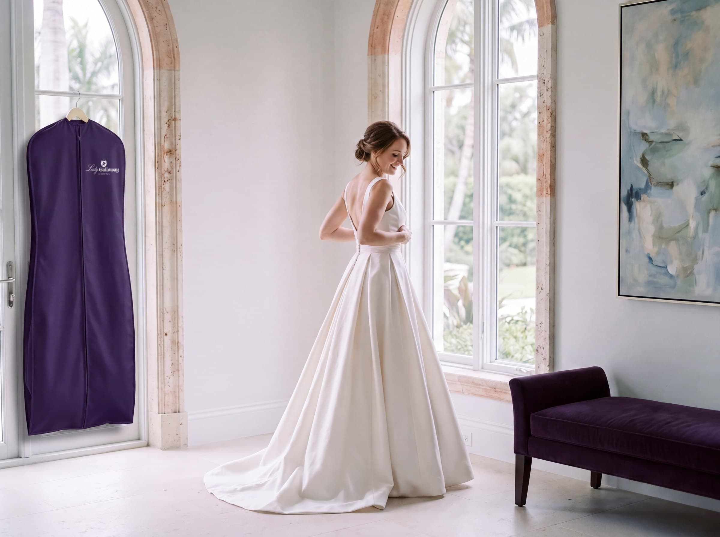 A bride in an ivory satin ball gown turning toward an arched window, with a deep plum Lady Galloway Gowns garment bag hanging beside her.