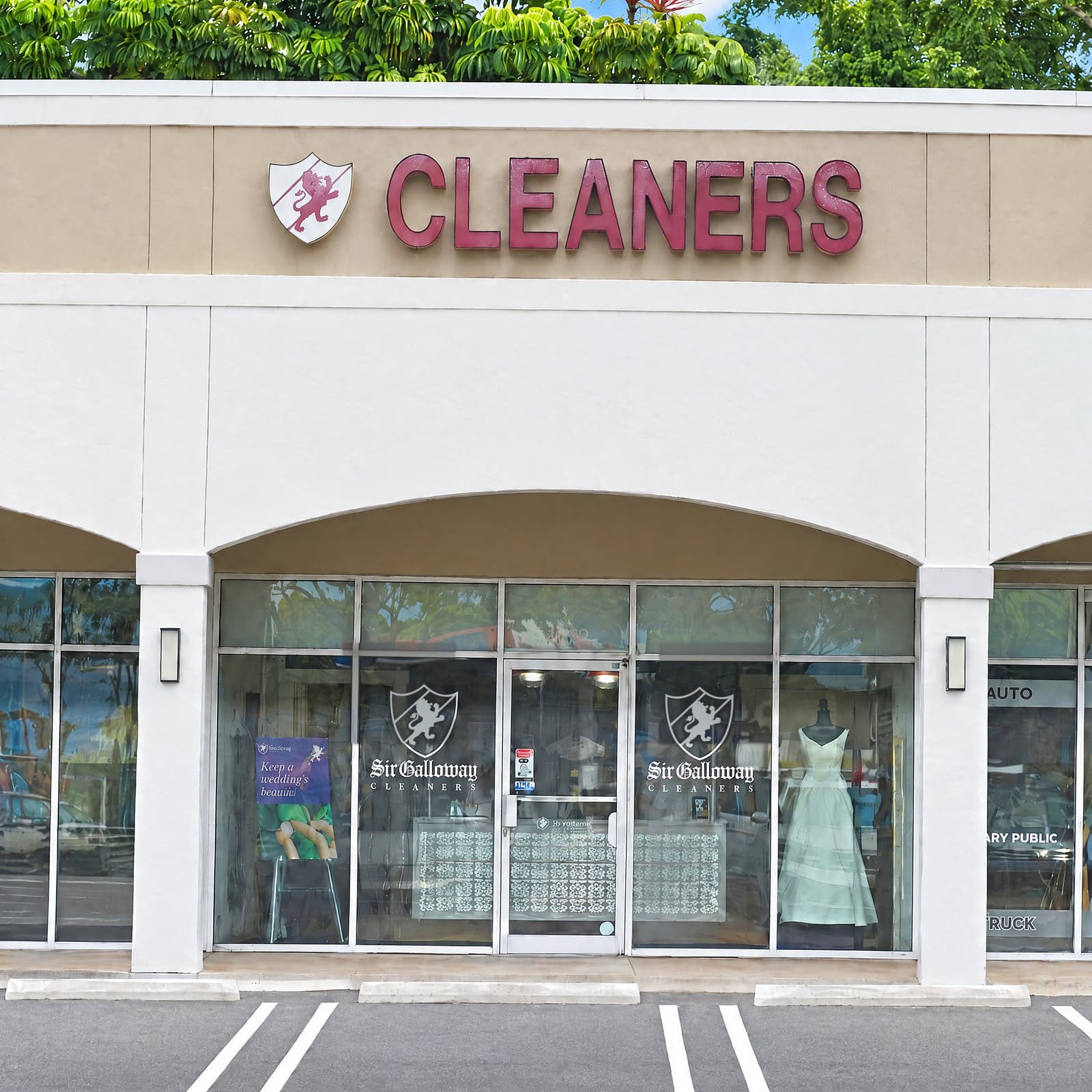 The Sir Galloway Cleaners storefront at 8668 Sunset Drive.