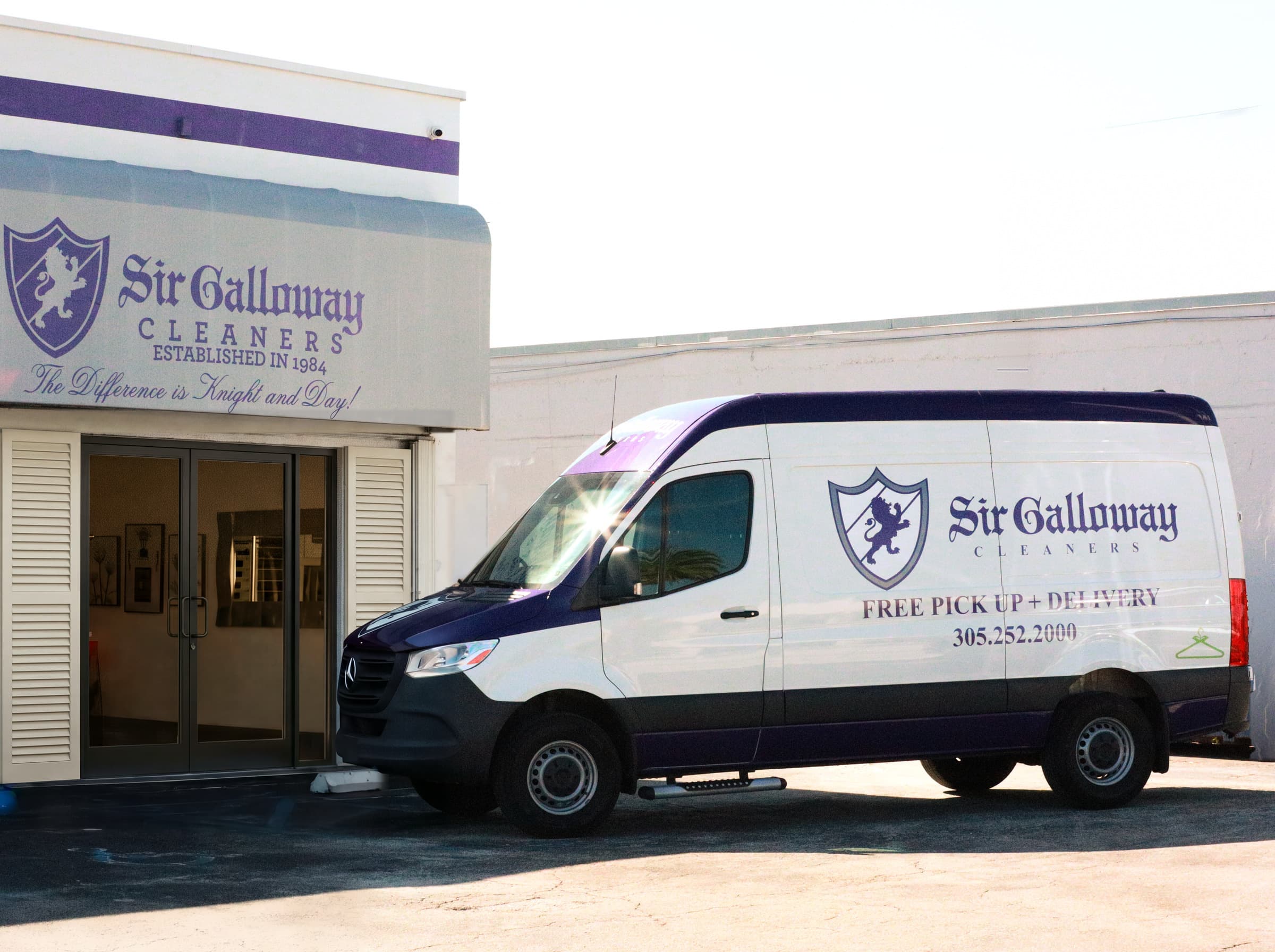 A Sir Galloway delivery van parked at the entrance, its side panel reading Free Pick Up and Delivery.