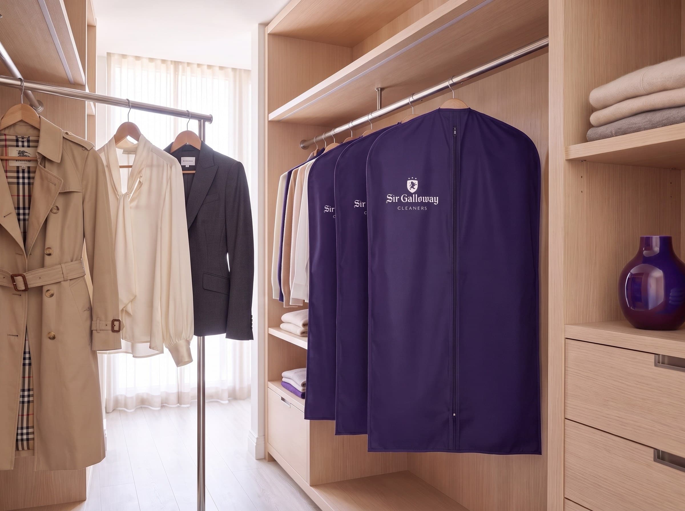 Plum Sir Galloway garment bags hanging in a client walk-in wardrobe beside suits and folded knitwear.
