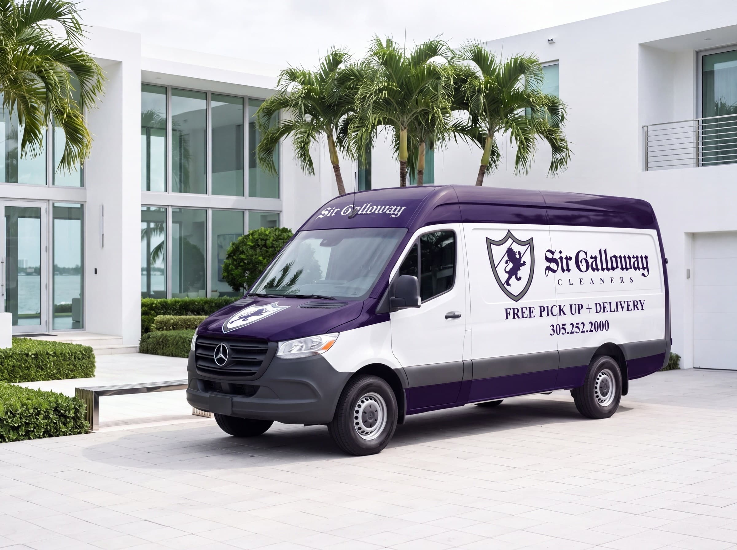 A Sir Galloway pickup and delivery van parked outside a residence, ready for the day ahead.