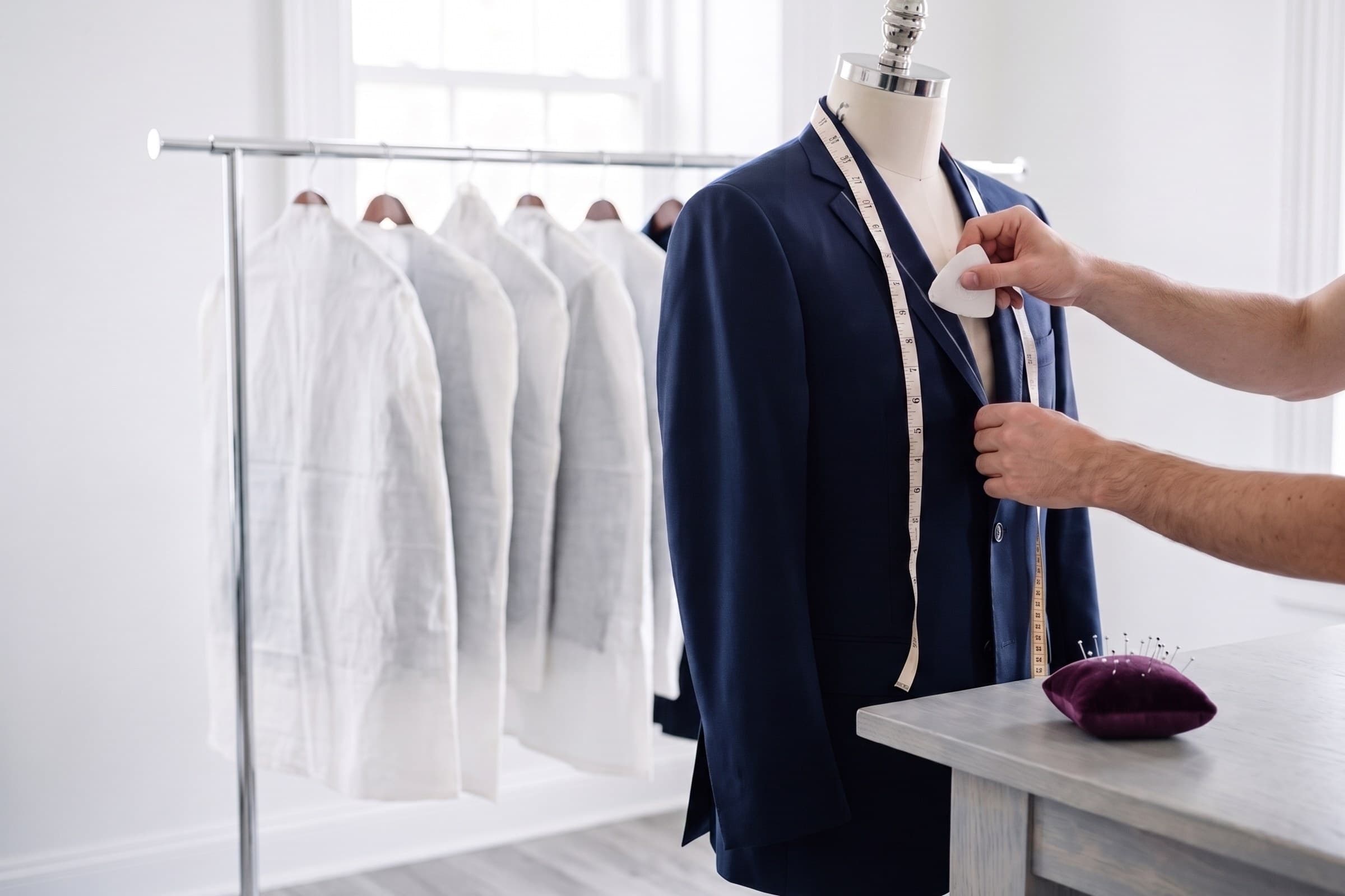 A tailor marking the lapel of a navy jacket on a dress form, with a tape measure draped over the shoulders.