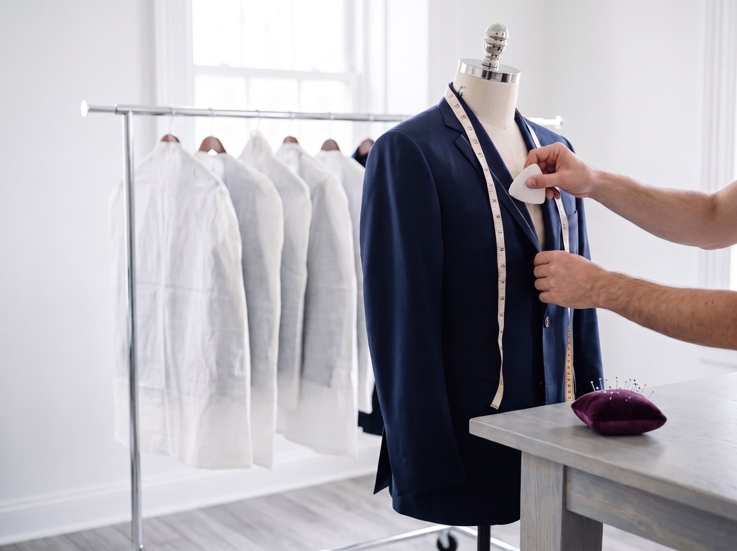 A tailor marking the lapel of a navy suit jacket on a dress form with tailor's chalk, a cloth tape measure draped over the shoulder and a rack of garment bags behind.