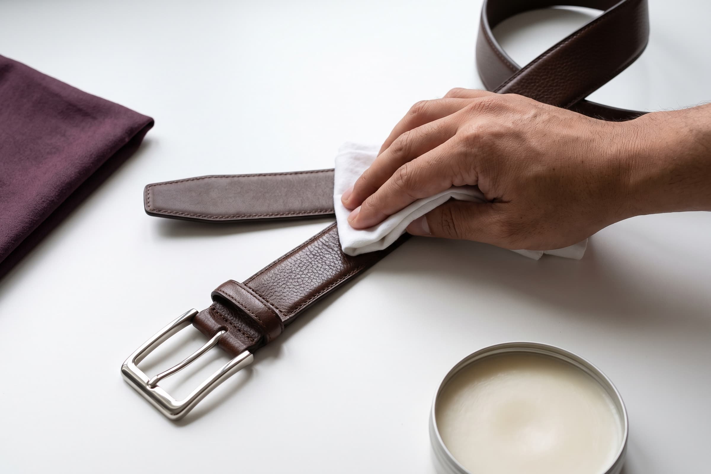 A hand conditioning a brown leather belt with a soft cloth beside an open tin of conditioner.
