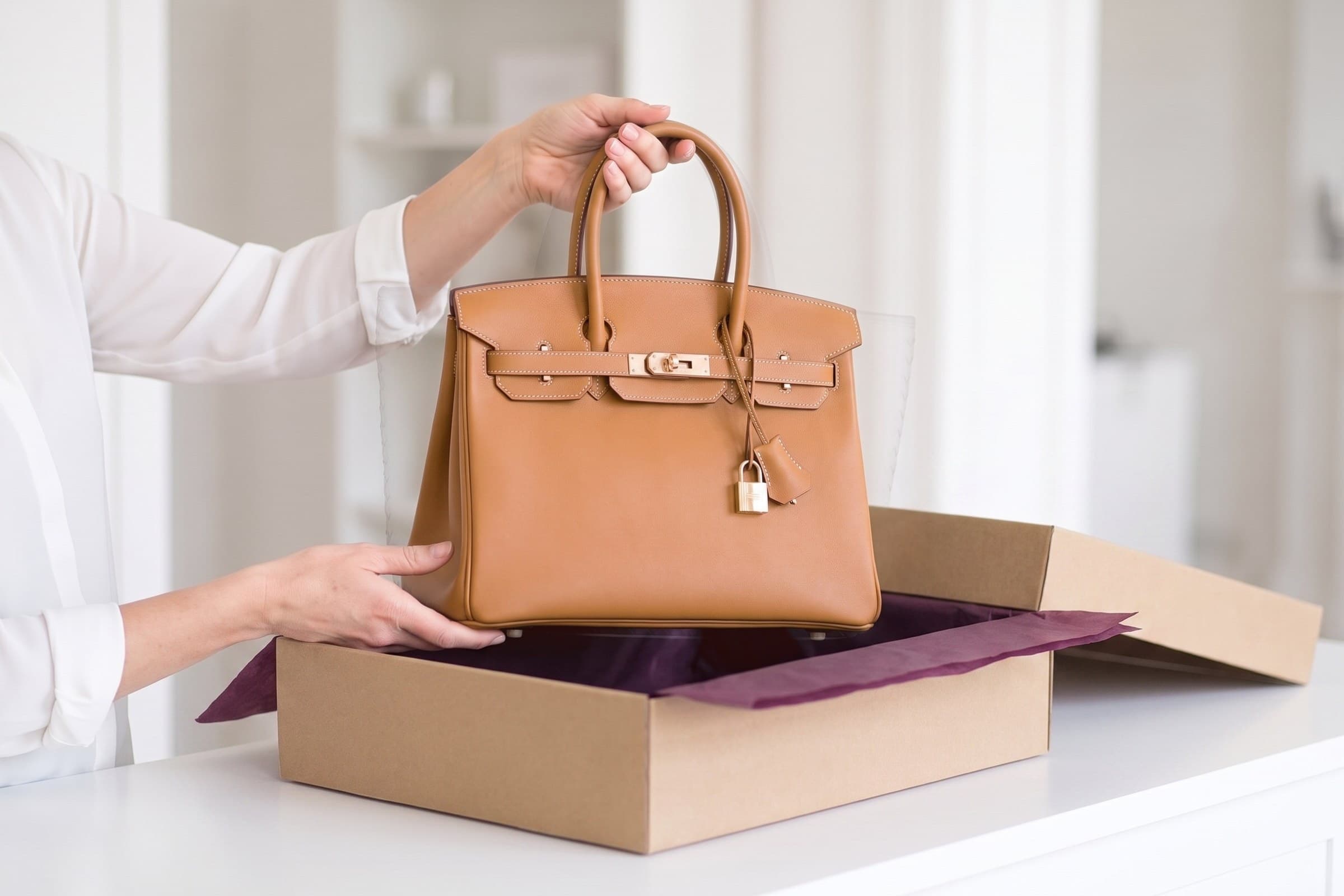 Hands lifting a grey woven leather tote out of an open box lined with plum tissue on a white counter.