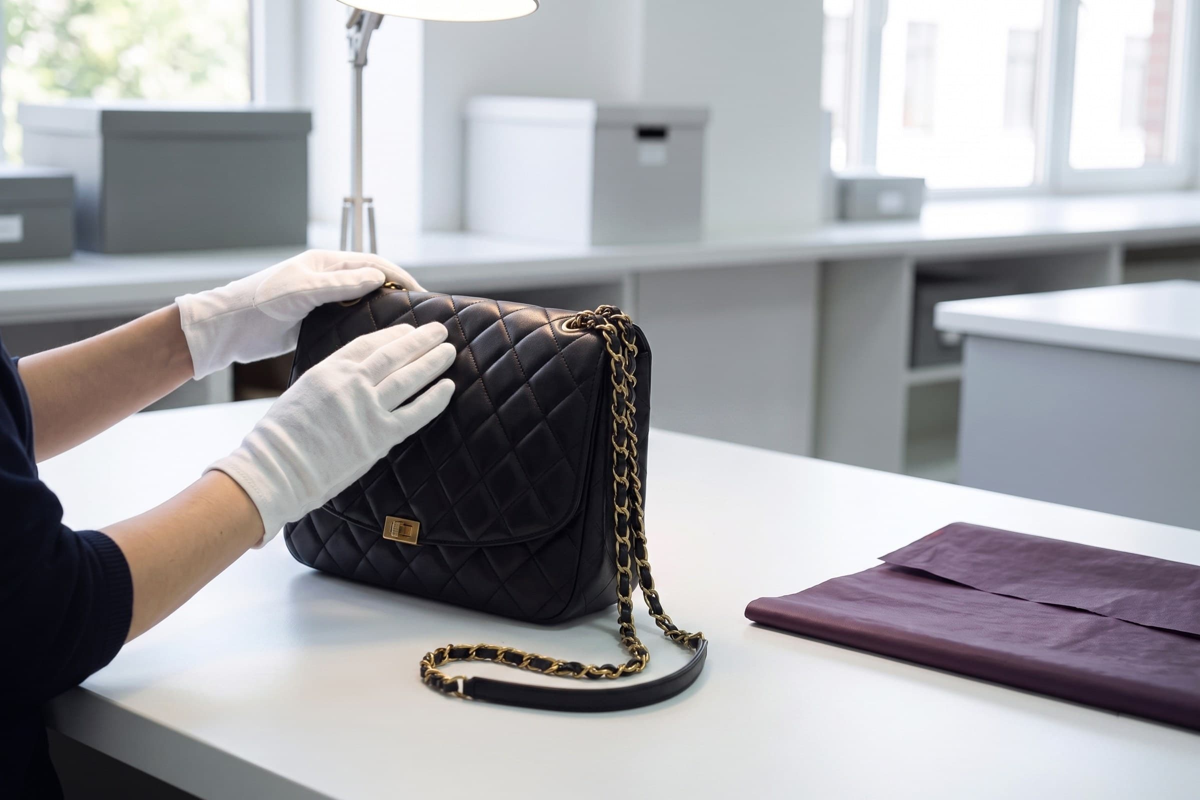 Gloved hands steadying a quilted taupe leather bag on a white worktable beside an open notebook and pencil.