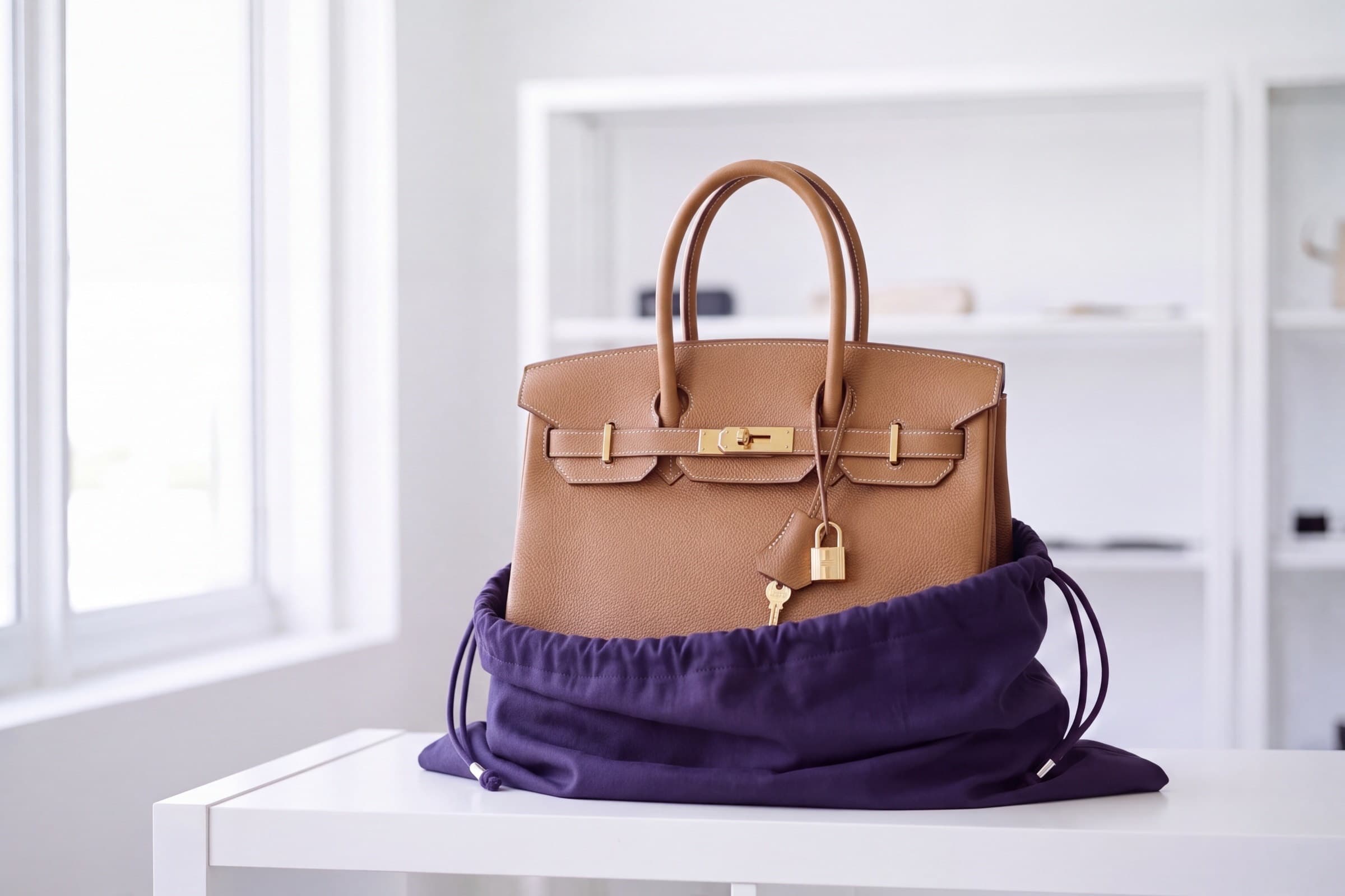 A restored handbag returned with its plum dust bag beside the client's own presentation box.