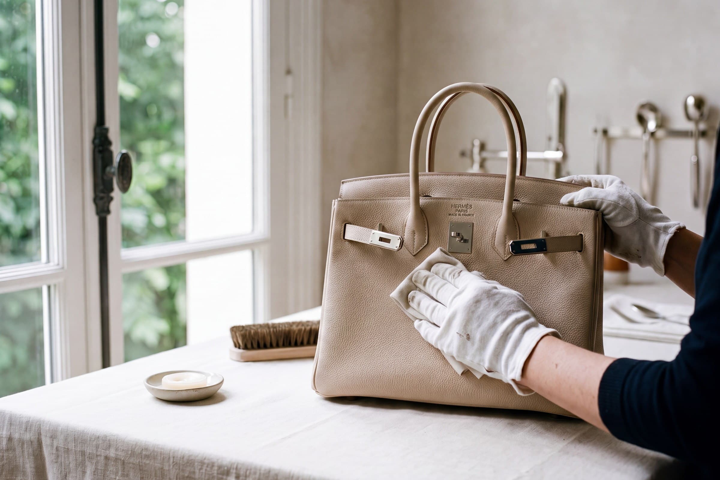 A conditioned designer handbag set on the Sir Galloway inspection counter.