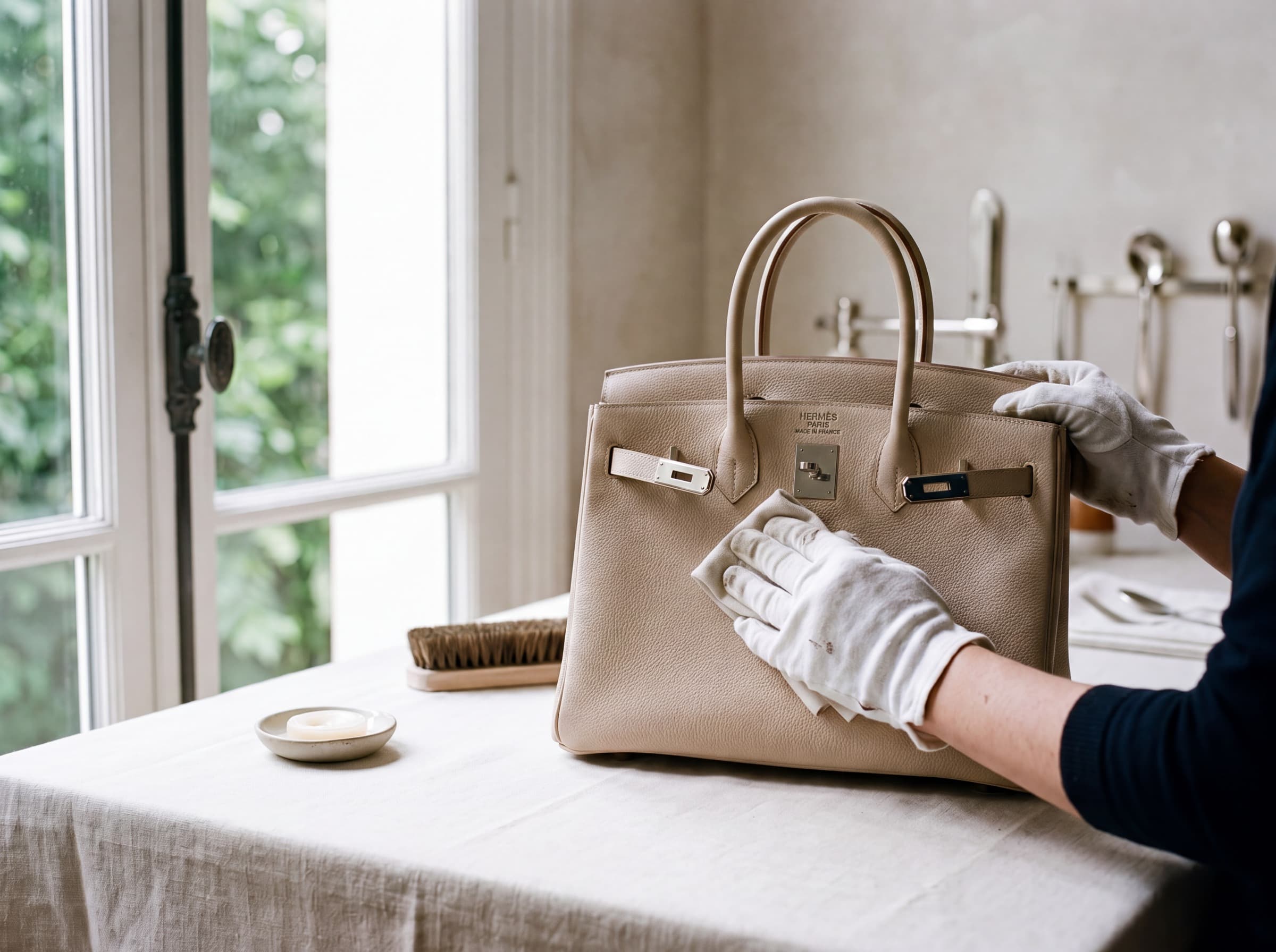 A conditioned designer handbag set on the Sir Galloway inspection counter.