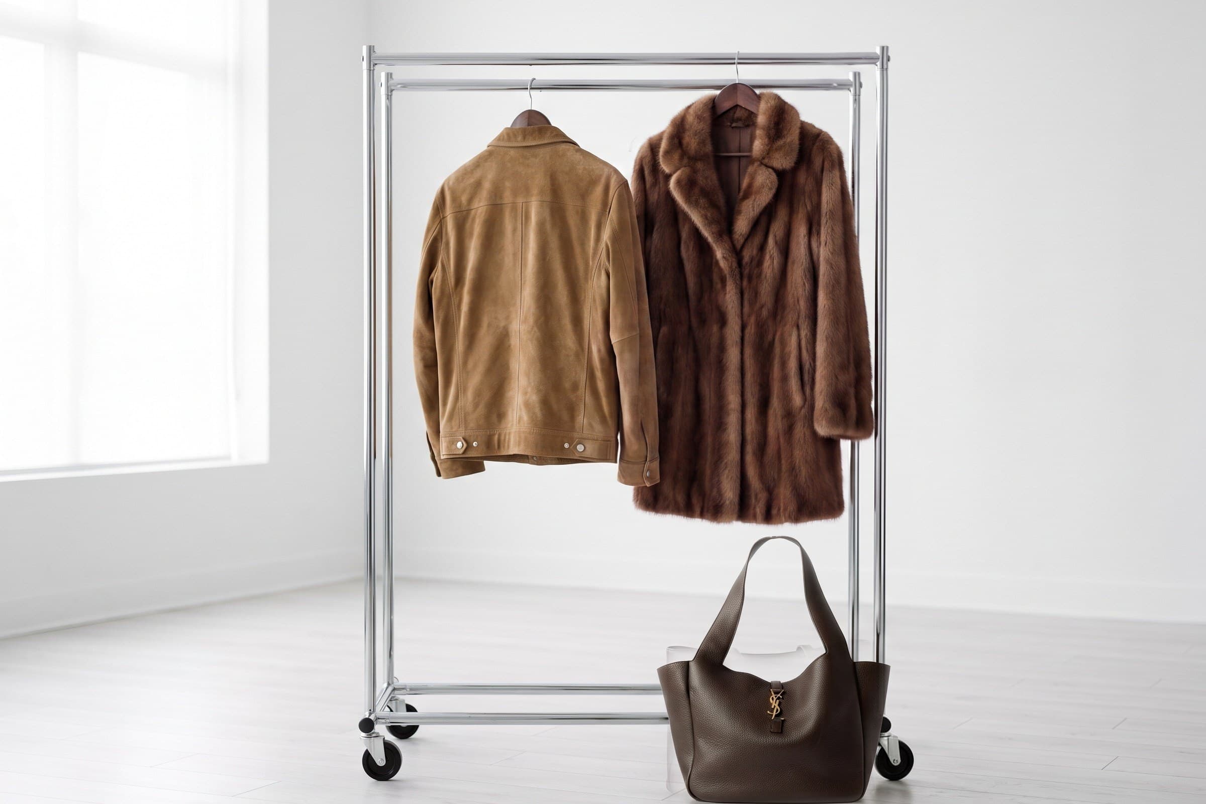 A conditioned leather coat hanging on a tailor's hook inside the Sir Galloway workroom.