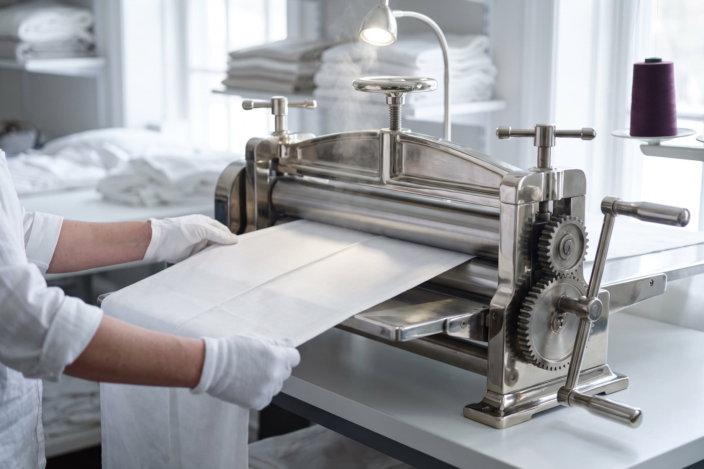 Hands pressing a white linen sheet on a finishing press.