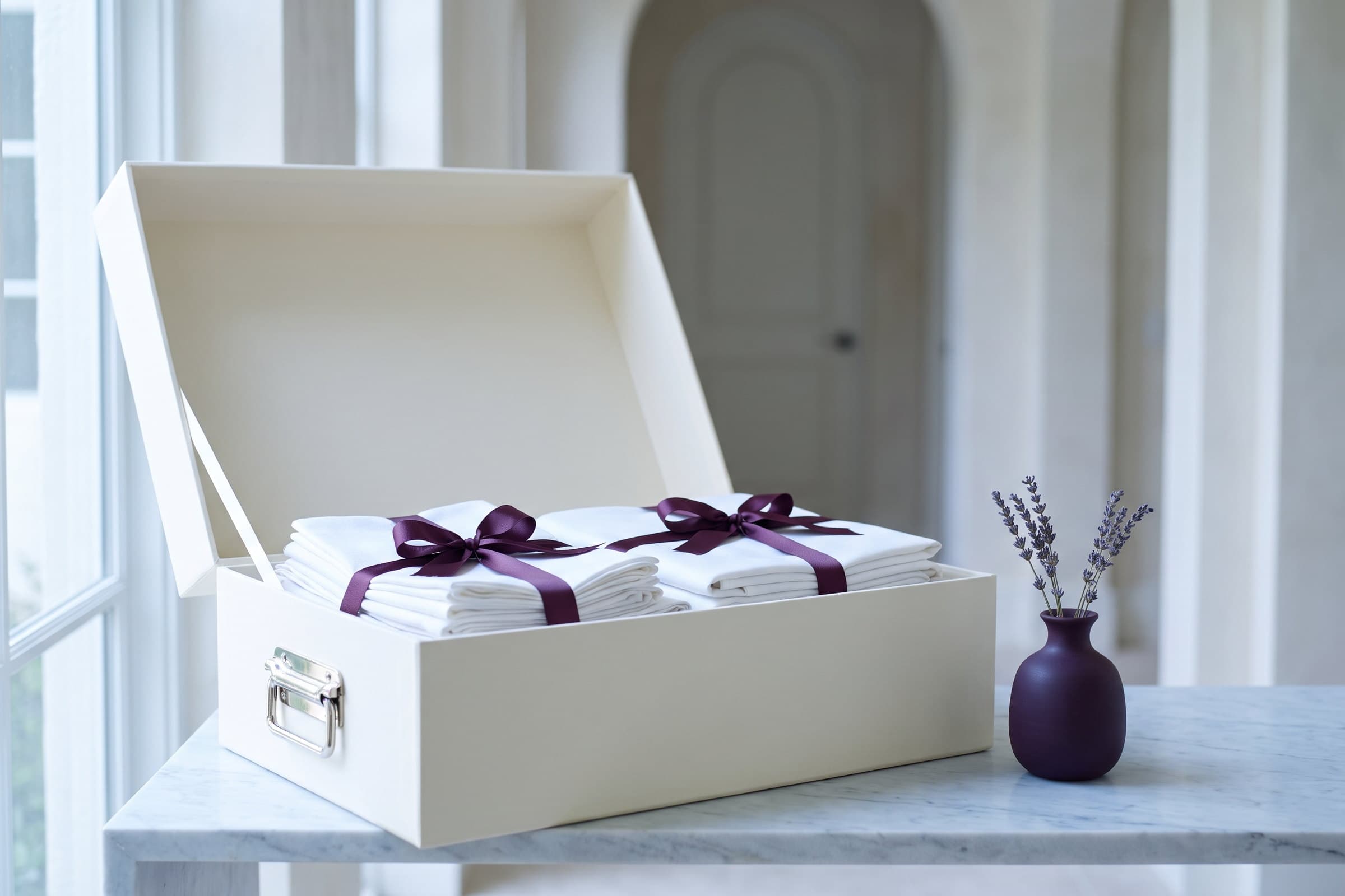 Folded white linens tied with plum ribbon inside an open cream box on a marble table.