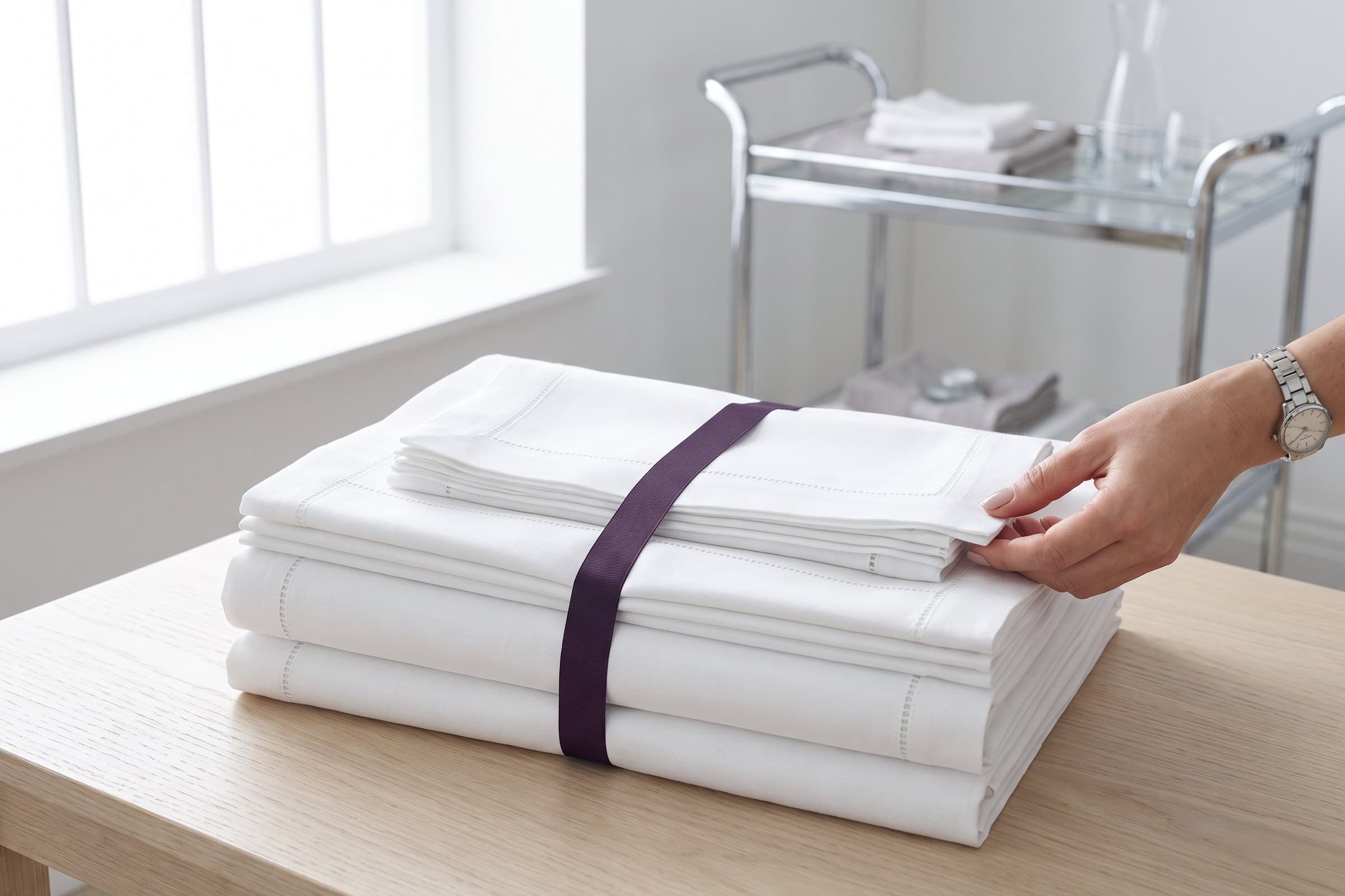A small considered stack of pressed white linens on the Sir Galloway counter.