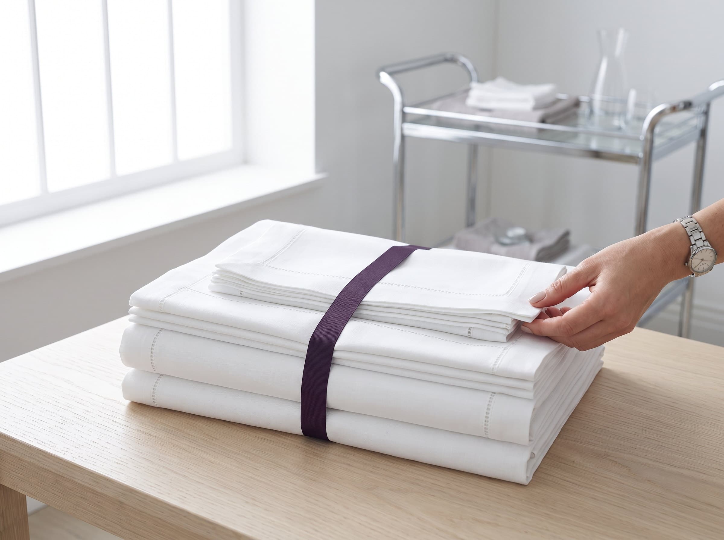 A stack of folded white linens tied with a plum ribbon on a light wood table by a window.