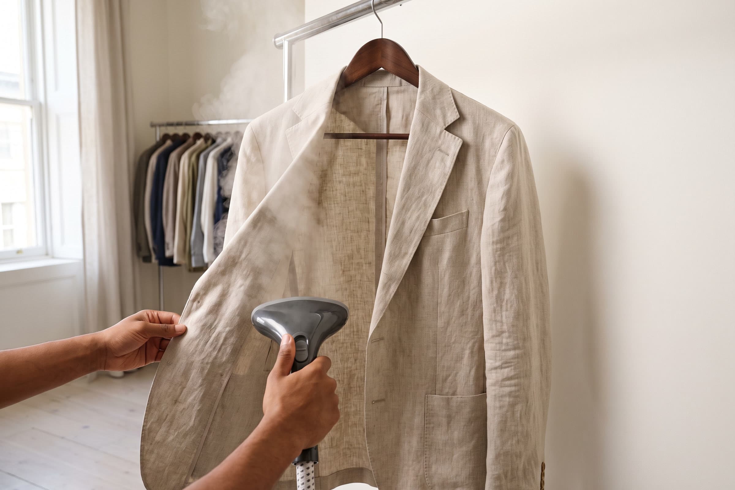 A beige linen jacket on a wooden hanger being finished with a hand steamer.