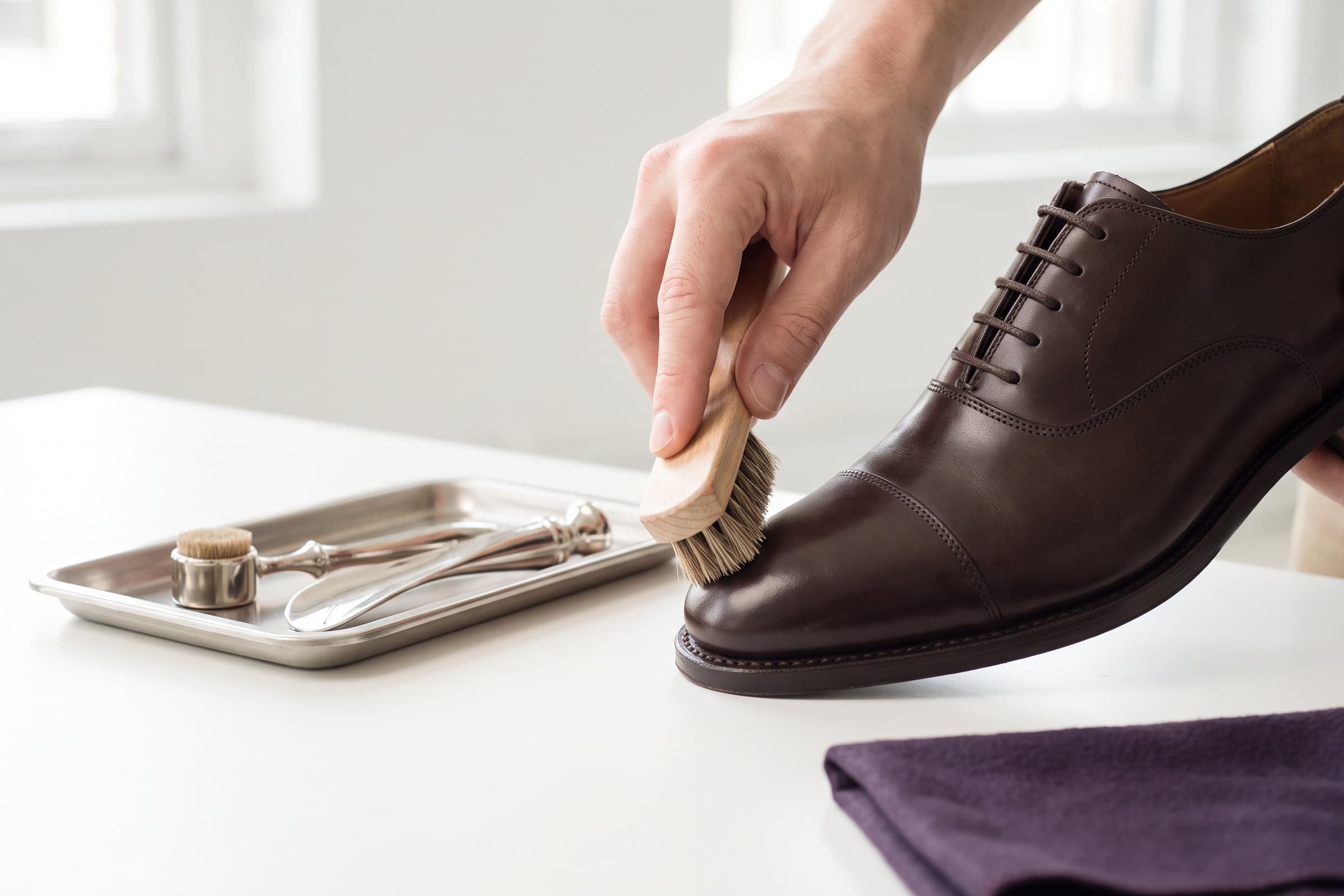 A hand brushing the toe of a dark brown oxford with a bristle brush, with a tray of shoe tools alongside.