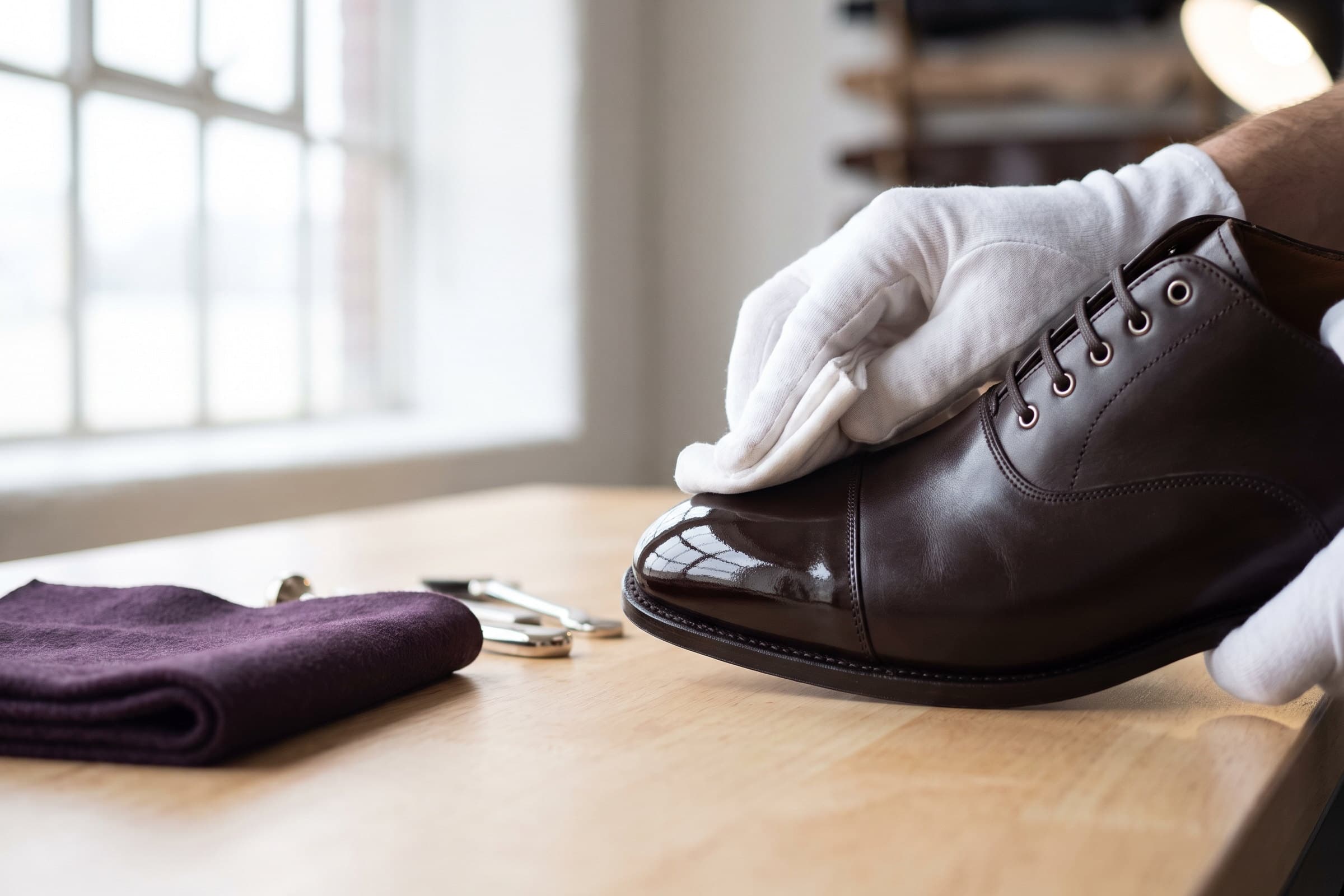 A gloved hand buffing the toe of a dark brown oxford with a soft cloth to a mirror shine.