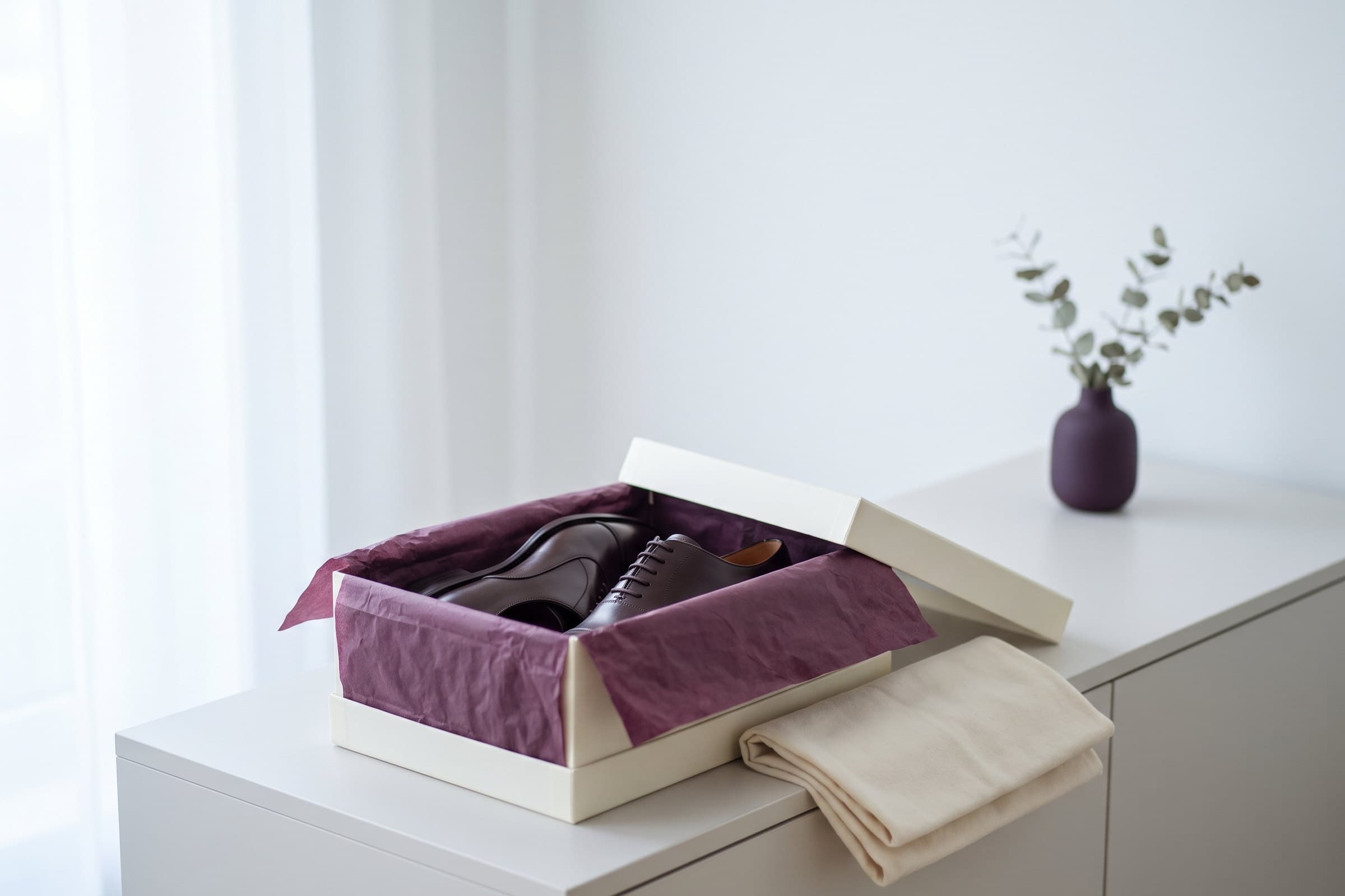A pair of polished dark brown oxfords boxed in plum tissue paper, with a folded cream shoe bag beside the box.