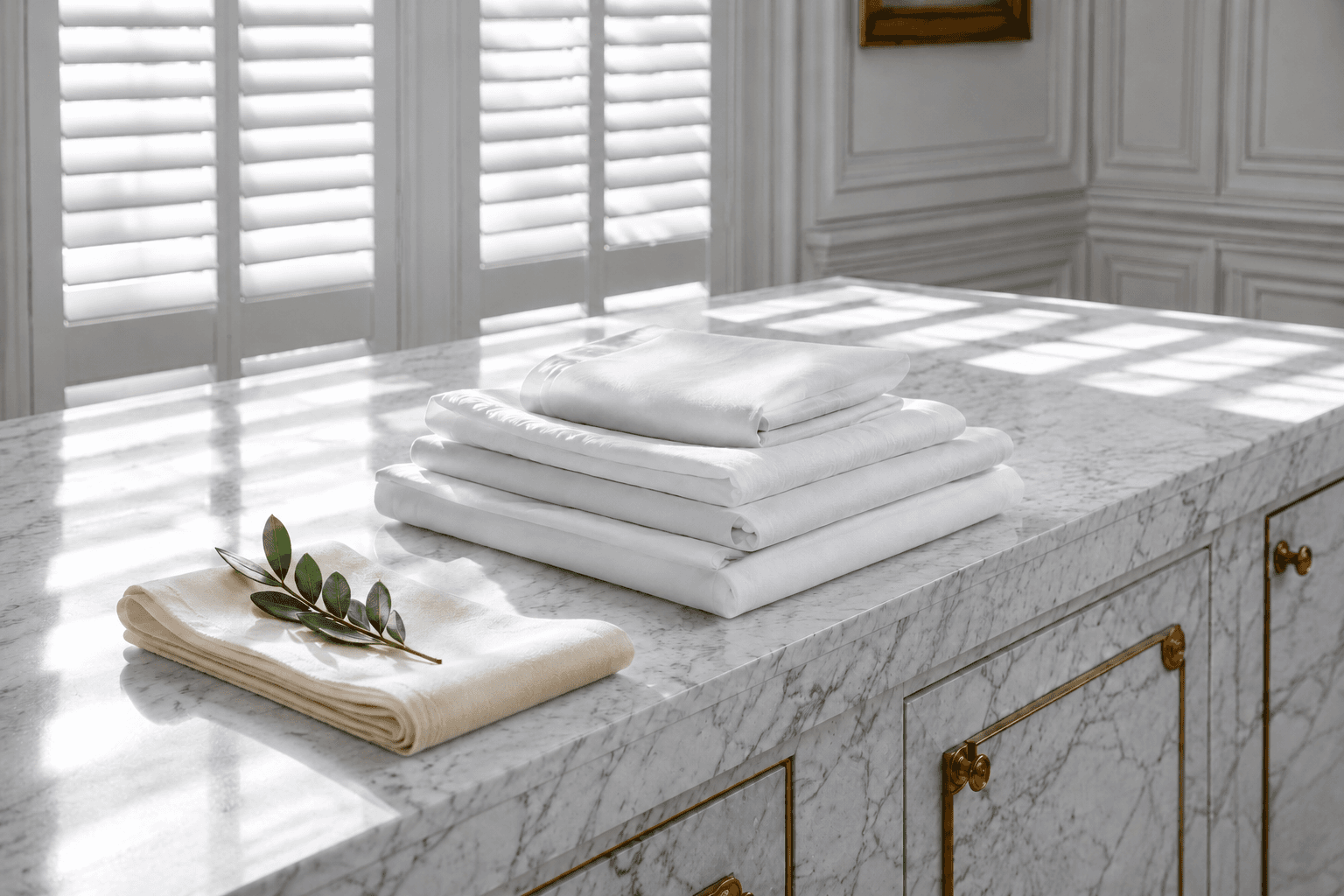 Folded white and cream linens on the marble counter.