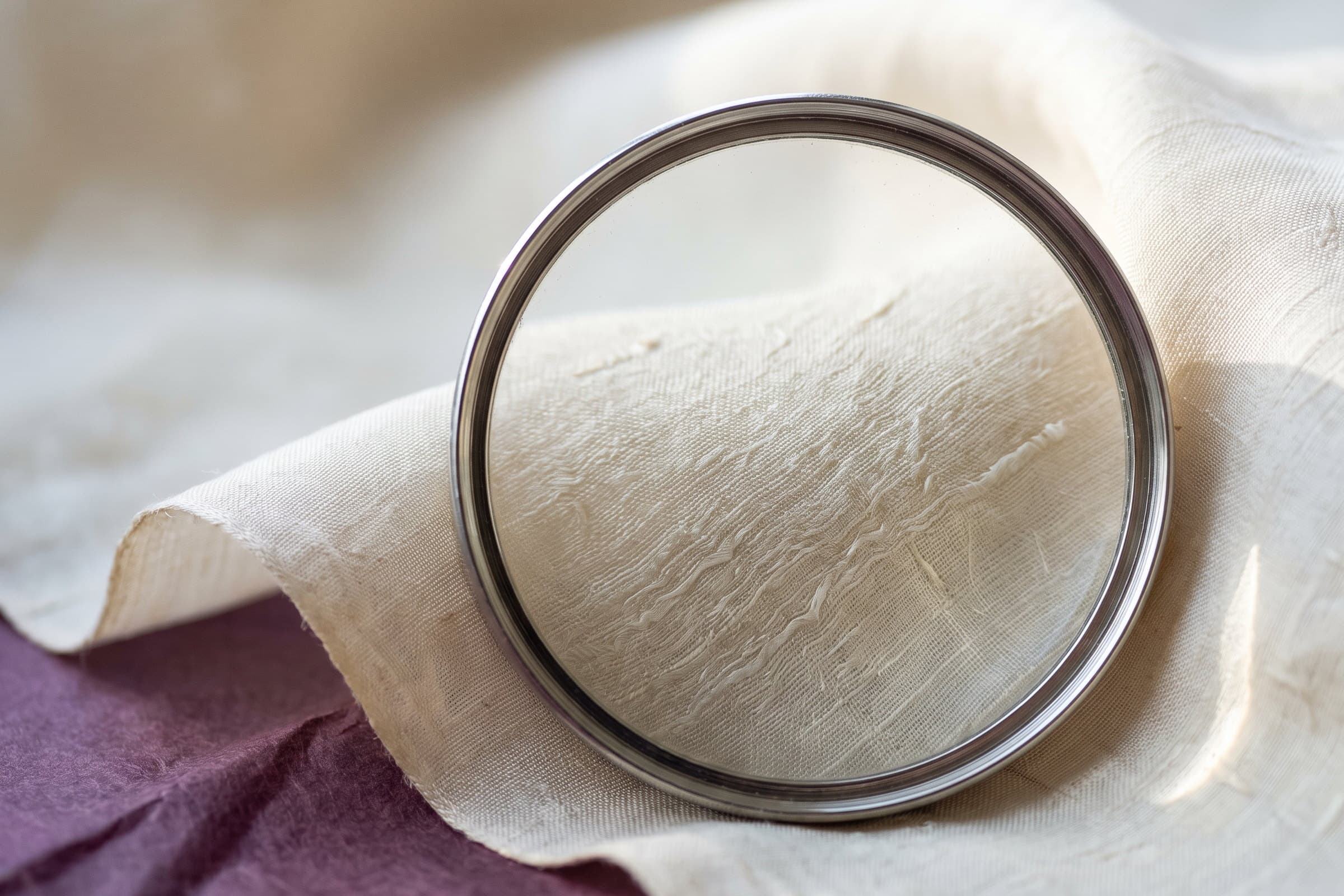 A round magnifying glass resting on cream fabric, enlarging the weave and a patch of frayed threads.