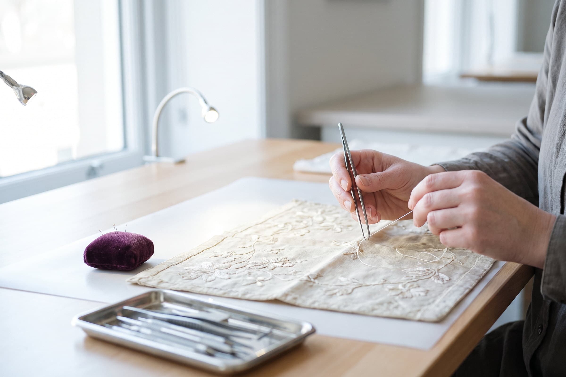 Bare hands using tweezers and thread to repair an embroidered cream linen panel on a wooden worktable.